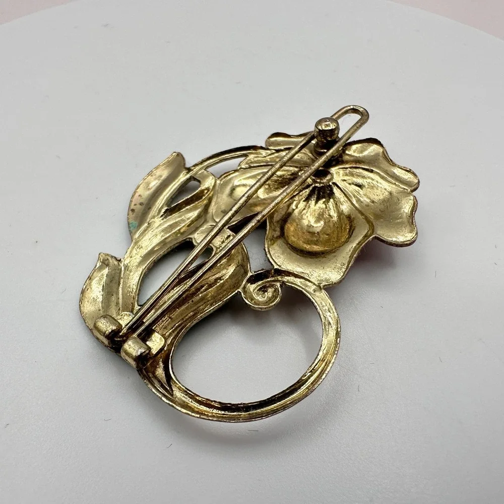 Vintage 90s Gold Tone Flower Brooch Pin Pink Green Enamel Boho Jewelry